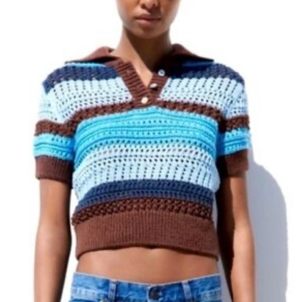 Striped Knit Polo Shirt - Blue and Brown